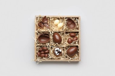 Hafif arka planda çikolatalı Paskalya yumurtaları.