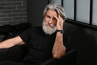 Yakışıklı, olgun sakallı bir adamın portresi. Evdeki koltukta oturuyor.