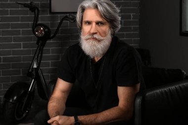 Yakışıklı, olgun sakallı bir adamın portresi. Evdeki koltukta oturuyor.