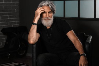 Yakışıklı, olgun sakallı bir adamın portresi. Evdeki koltukta oturuyor.