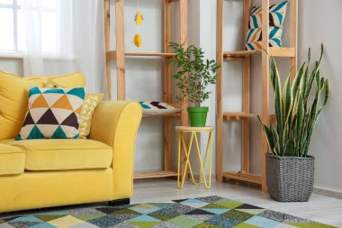 Rahat bir kanepe, raf üniteleri ve oturma odasının iç tarafındaki bitkiler.