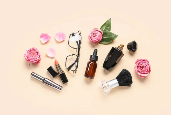 Composition Decorative Cosmetics Eyeglasses Flowers International Women Day Celebration Color — Stock Photo, Image