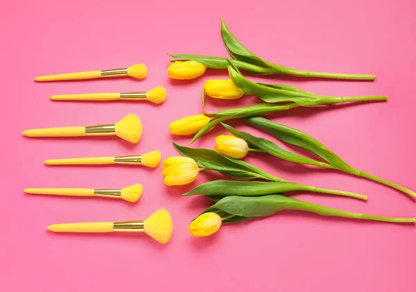 Composition Set Makeup Brushes Tulips International Women Day Celebration Pink — Stock Photo, Image
