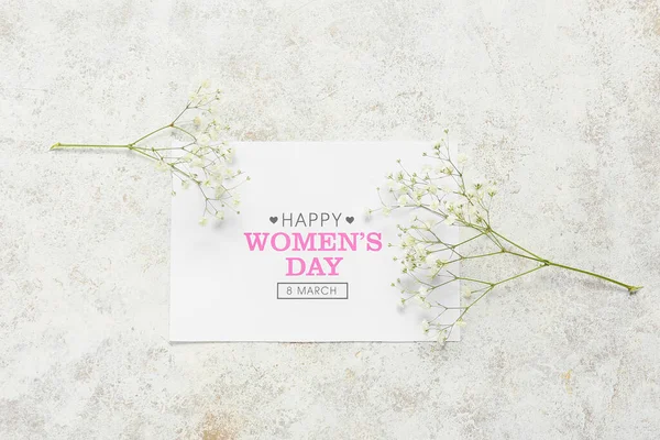 Cartão Com Texto Happy Women Day Flores Gypsophila Fundo Grunge — Fotografia de Stock