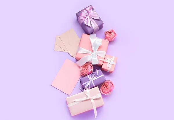 Cartão Saudação Branco Para Dia Internacional Mulher Caixas Presente Rosas — Fotografia de Stock