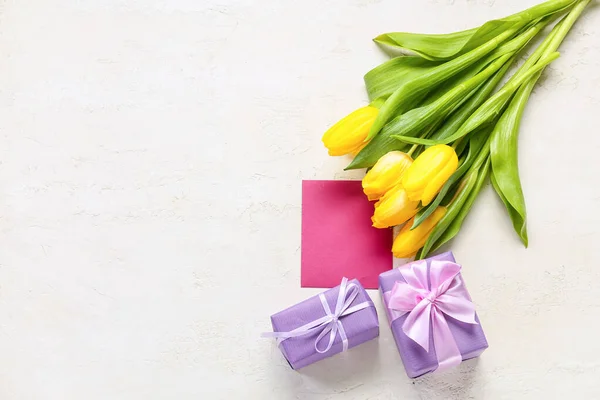 Blank Greeting Card International Women Day Gift Boxes Tulips Light — Stock Photo, Image