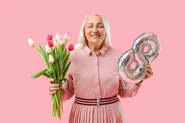 Happy Mature Woman Closed Eyes Holding Bouquet Tulips Balloon Pink — Stock Photo, Image