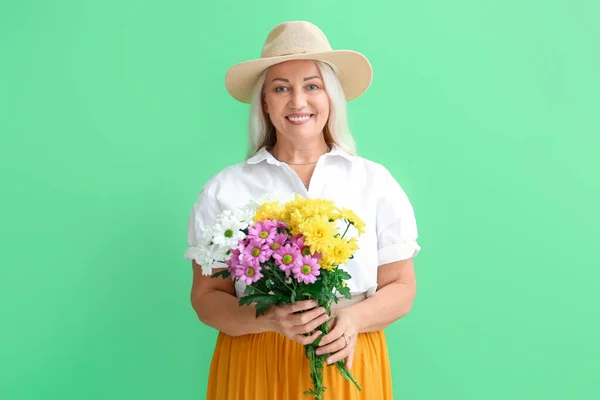 Mature Woman Holding Bouquet Beautiful Flowers Green Background International Women — Stock Photo, Image