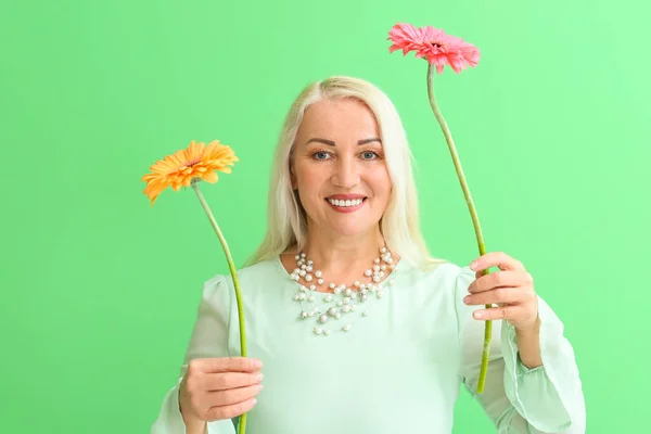 Mujer Madura Sonriente Sosteniendo Flores Gerberas Sobre Fondo Verde Celebración — Foto de Stock