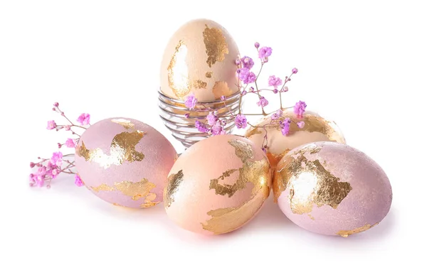 Beautiful Easter Eggs Gypsophila Flowers White Background — Stock Photo, Image