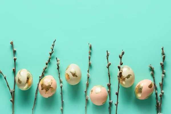 Composition Beautiful Easter Eggs Pussy Willow Branches Color Background — Foto Stock