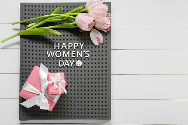 Board Text Happy Women Day Gift Boxes Tulip Flowers Light — Stock Photo, Image