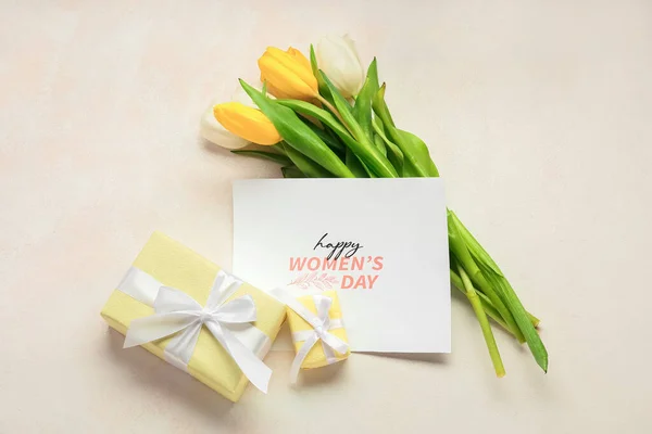 Card International Women Day Gift Boxes Tulip Flowers Light Background — Stock Photo, Image