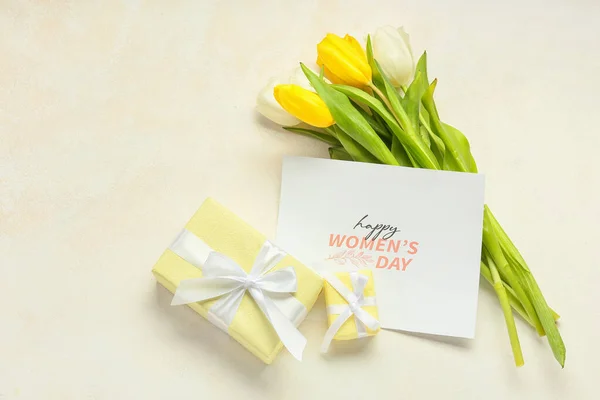 Card International Women Day Gift Boxes Tulip Flowers Light Background — Stock Photo, Image