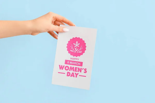Female Hand Card International Women Day Color Background — Stock Photo, Image