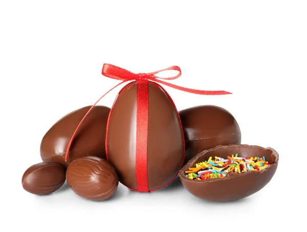Chocolate Easter Eggs Sprinkles White Background — Stock Photo, Image