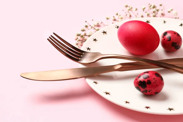 Stylish Easter Table Setting Pink Background — Stock Photo, Image