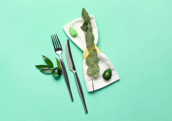 Stylish Easter Cutlery Green Background — Stock Photo, Image