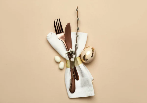 Stylish Easter Cutlery Beige Background — Stock Photo, Image