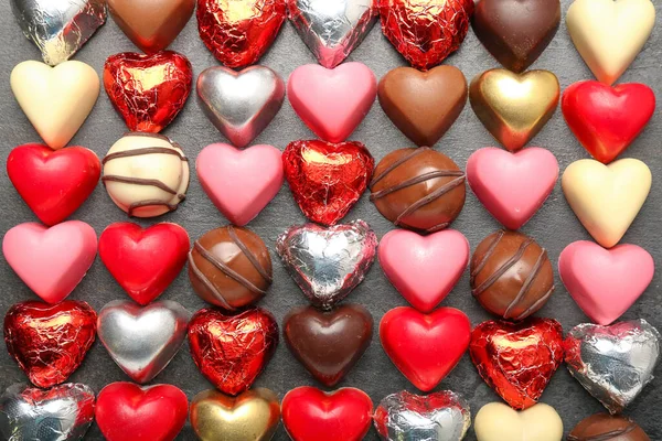 Different Chocolate Candies Shape Heart Black Background Valentine Day Celebration — Stock Photo, Image