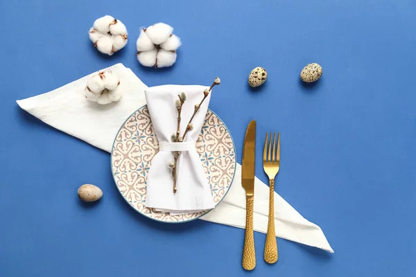 Beautiful Table Setting Easter Celebration Blue Background — Stock Photo, Image
