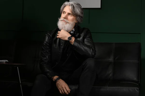 Portrait Handsome Mature Bearded Man Sitting Sofa Home — Stock Photo, Image