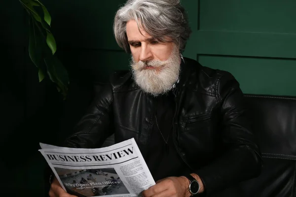 Handsome Mature Bearded Man Reading Newspaper Home — Stock Photo, Image