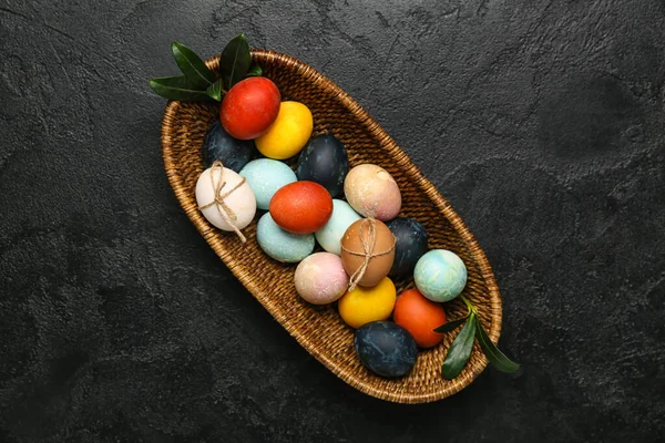 Wicker Basket Multicolored Easter Eggs Dark Background — Stock Photo, Image