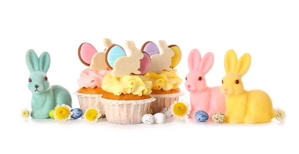 Tasty Easter Cupcakes Eggs Bunnies White Background — Stock Photo, Image