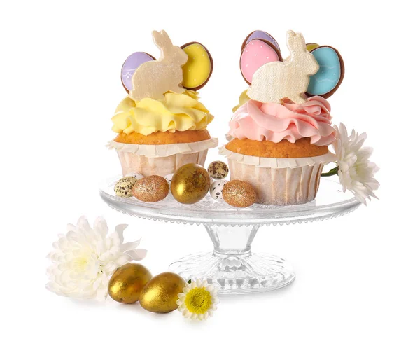 Stand Tasty Easter Cupcakes Eggs White Background — Stock Photo, Image