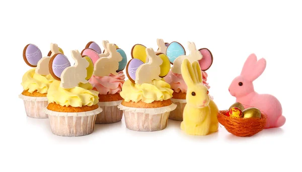 Yummy Easter Cupcakes Eggs Bunnies White Background — Stock Photo, Image