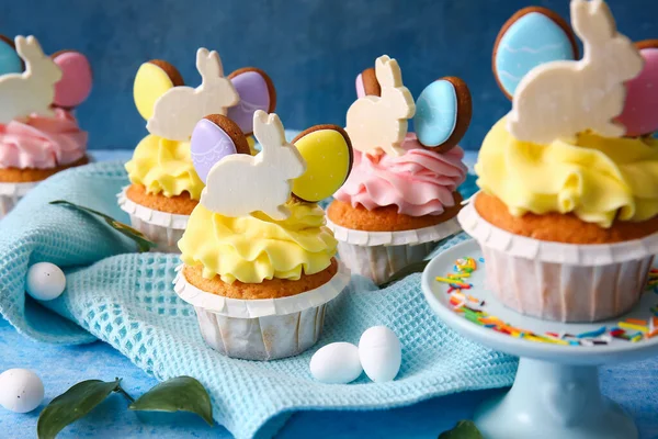 Tasty Easter Cupcakes Eggs Blue Background Closeup — Stock Photo, Image