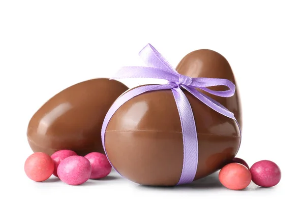 Chocolate Easter Eggs Bow Candies Isolated White Background — Stock Photo, Image