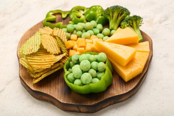 Wooden Board Different Snacks Patrick Day Celebration Light Background — Stock Photo, Image