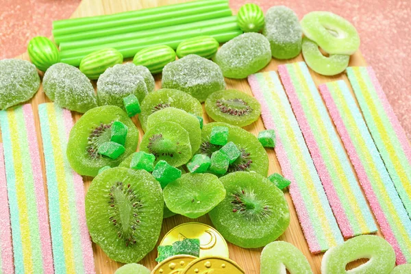 Wooden Board Different Sweets Patrick Day Celebration Table Closeup — Stock Photo, Image