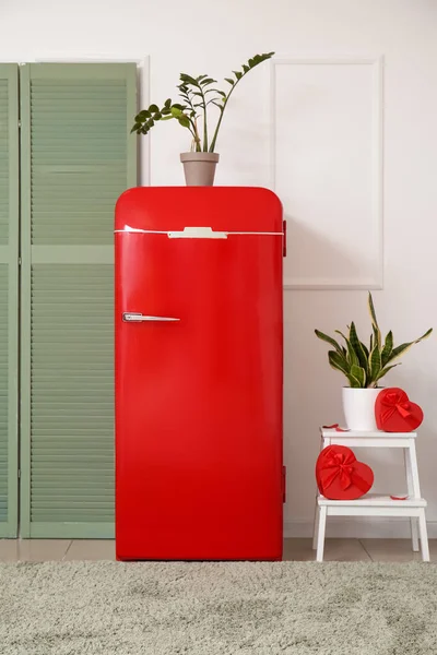 Stylish Red Fridge Stepladder Stool Gift Boxes Valentine Day Celebration — Stock Photo, Image
