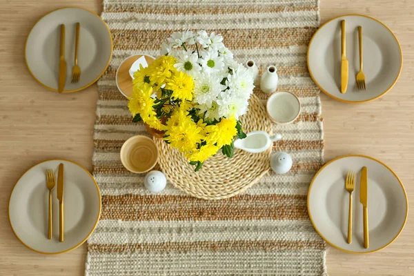 Dining Table Setting Flowers Vase Served International Women Day Celebration — Stock Photo, Image