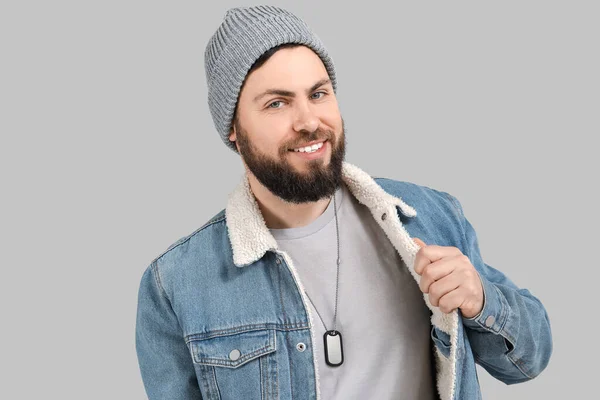 Stylish Bearded Man Grey Background — Stock Photo, Image