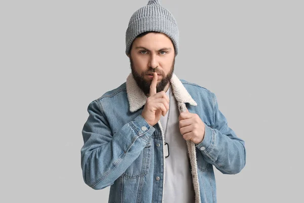 Stylish Bearded Man Showing Silence Gesture Grey Background — Stock Photo, Image
