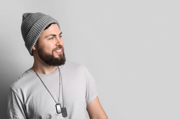 Stylish Cool Bearded Man Grey Background — Stock Photo, Image