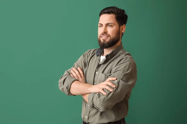 Stylish Bearded Man Green Background — Stock Photo, Image