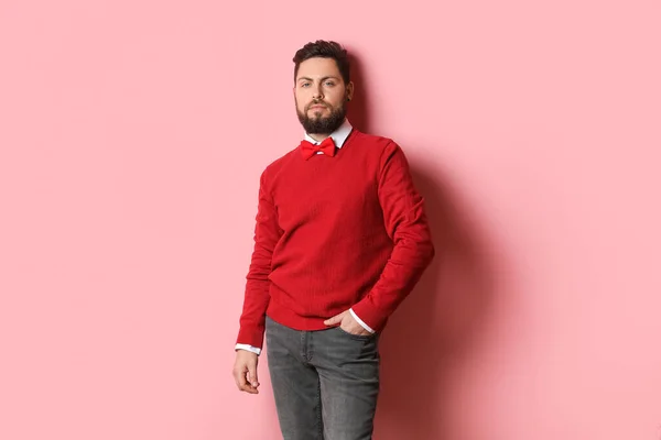 Stylish Bearded Man Pink Background — Stock Photo, Image