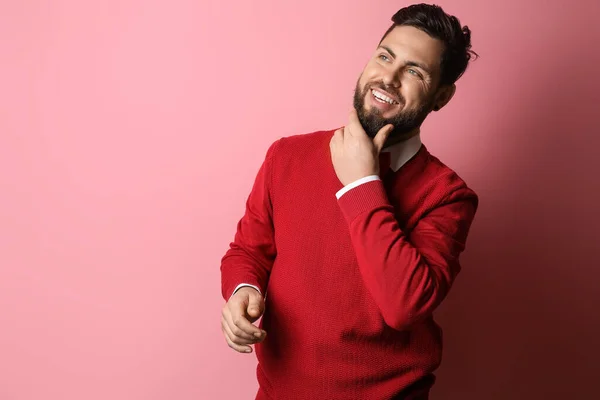 Stylish Bearded Man Pink Background — Stock Photo, Image