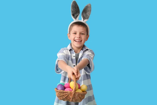 Funny Little Boy Bunny Ears Easter Basket Blue Background — Stock Photo, Image