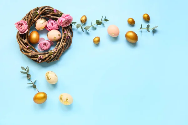 Composition Easter Eggs Flowers Blue Background — Stock Photo, Image