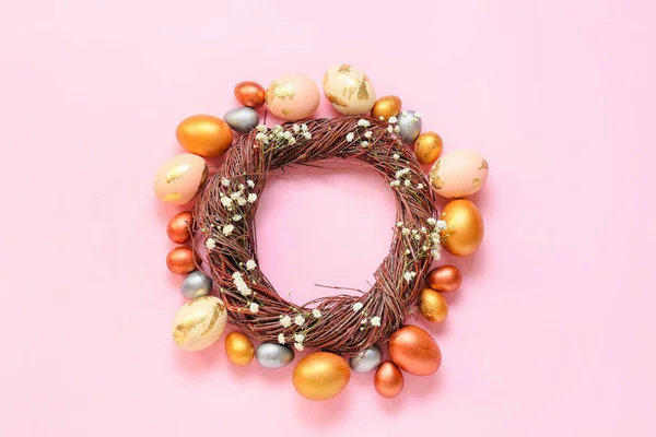 Composition Wreath Easter Eggs Pink Background — Stock Photo, Image