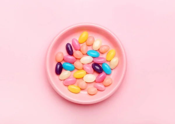 Plate Multicolored Jelly Beans Color Background — Stock Photo, Image
