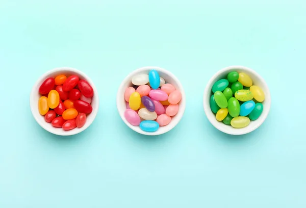 Bowls Different Jelly Beans Color Background — Stock Photo, Image