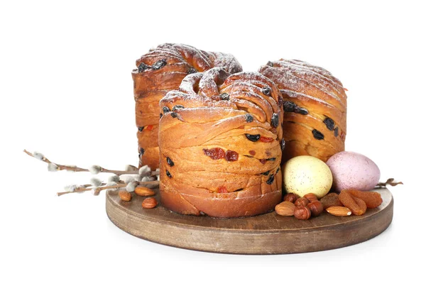 Wooden Board Delicious Easter Cake Pussy Willow Branches Eggs White — Stockfoto