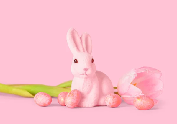 Cute Easter Bunny Eggs Flower Pink Background — Stock Photo, Image